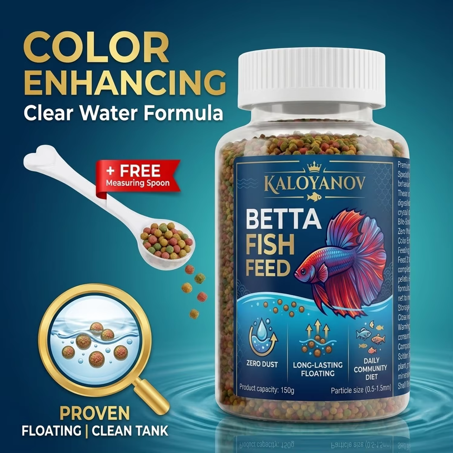 Nourriture Premium pour Poissons Betta en Granulés Flottants avec Cuillère Doseuse, Micro-alimentation Quotidienne Rehausseur de Couleur (0,5-1,5 mm) Garde l'Eau Claire