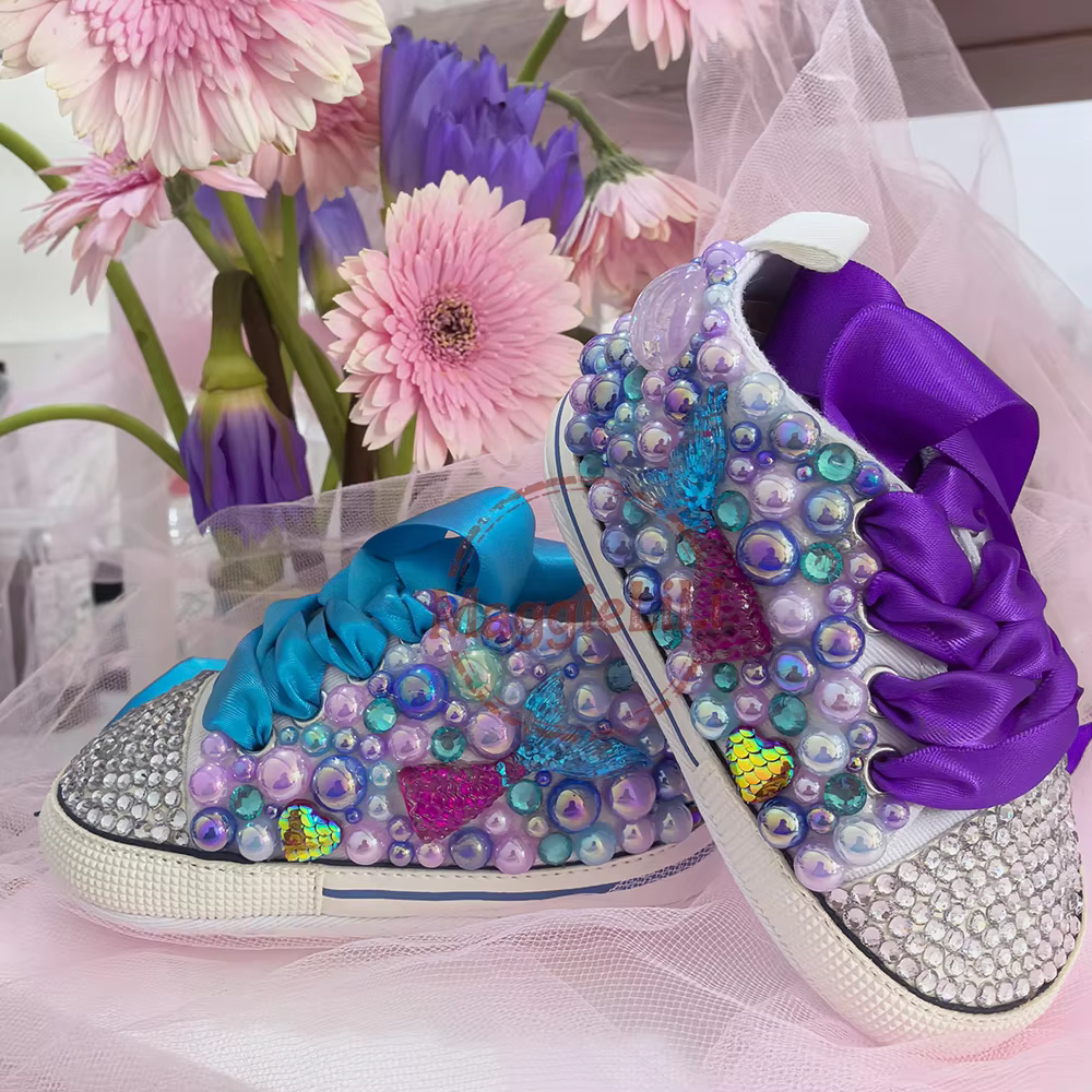 Handmade Sparkle Bling Crystals Rhinestones Kids Baby Girls Shoes Infant 0-1.5Y Princess Baptism First Walkers Cute