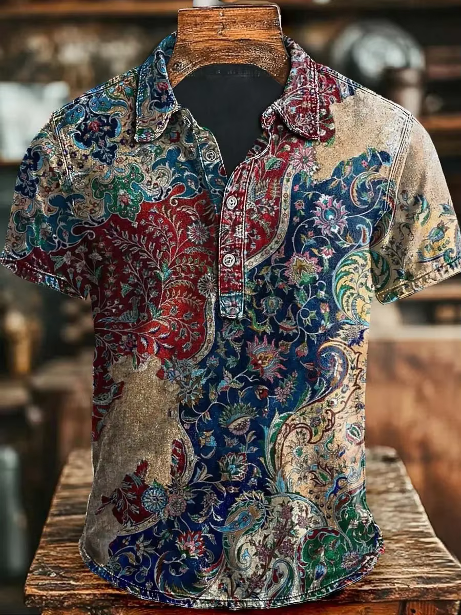 New retro Baroque patterned printed men's short sleeved polo shirt, vintage workwear style casual lapel shirt