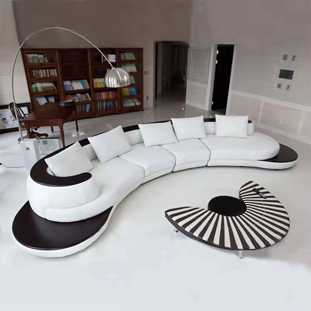 Luxury Modern Curved Genuine Leather Sofa Sectional Couch White and Black Design Living Room Contemporary Home Decoration