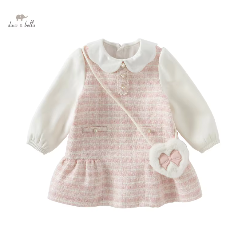 Dave Bella Princess Dress Girls Baby Children 2025 New Winter Gentle Cute Fashion Casual Long Sleeved Party Pink Dress DB4243415