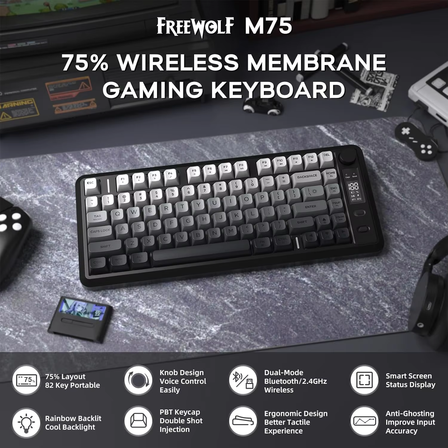 ATTACK SHARK M75 Wireless Membrane Gaming Keyboard with Knob&OLED Display Bluetooth/2.4Ghz Rainbow Backlit Gradient PBT Keycaps