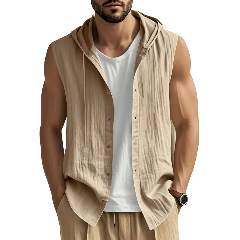 Summer Men's Hooded Sleeveless Shirts Solid Color Single Breasted Turn Down Collar Linen Breathable Casual Shirts Men Beach Vest