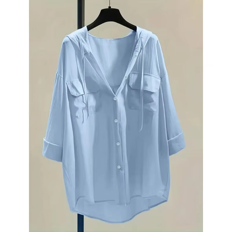 Plus Size Summer New Women Hooded Sunscreen Shirt Coat Leisure Thin Double Pocket Sun Protection Jacket