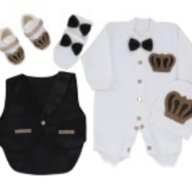 Newborn Baby Romper 0-9 Months 5Pcs White Black Vest Bow Tie Champagne Gold Crown Long Sleeve Jumpsuit Prince Royal Baptism Gift