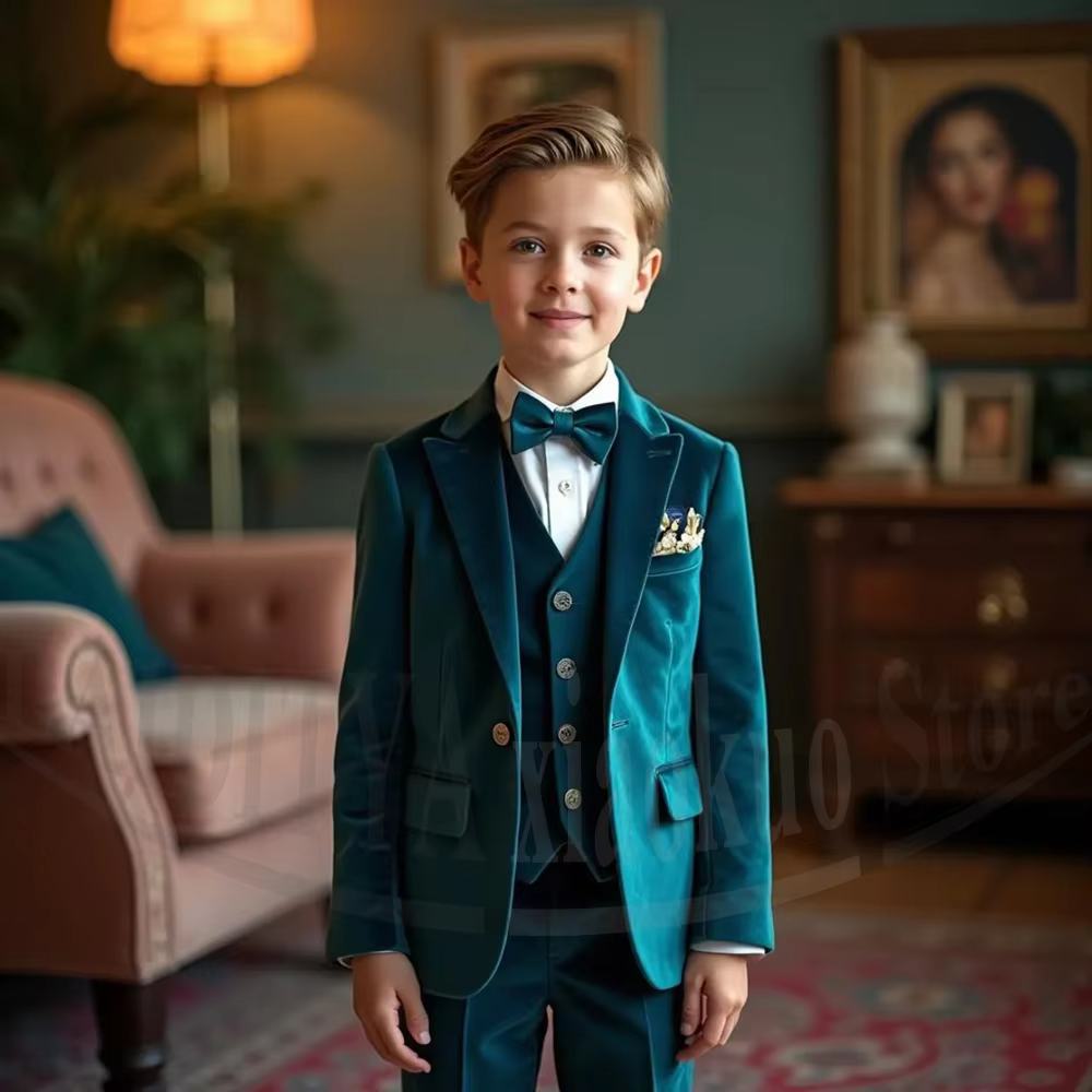 Fashion Velvet Kids Suit Chic Peak Lapel One Button Children's Suit Wedding Pageant Party Prom Tuxedo 3 Piece Blazer Vest Pants