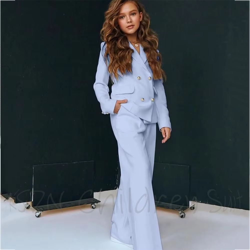 Customized Girl's Suit Solid Color Double Breasted Elegant Chic Kids Clothing 2 Pieces Birthday Party Formal Outfit Girl Wear