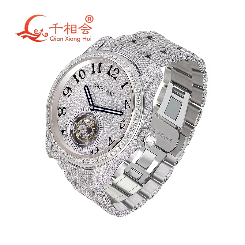 Luxury Men's Mechanical Wristwatch Full of VVS White Moissanite Diamond Jewelry Watch for Elegant Time-Telling