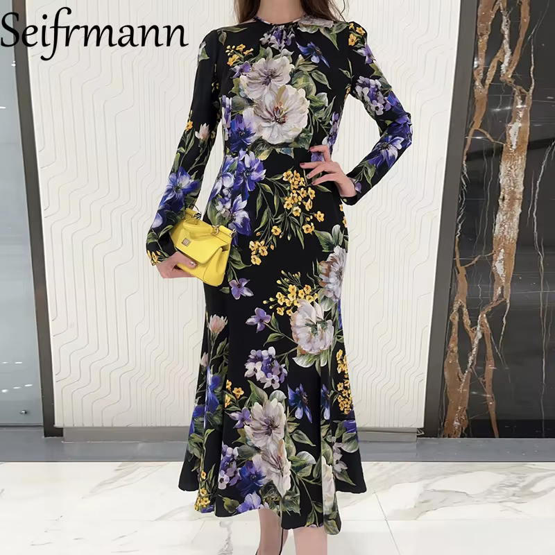 Seifrmann 2026 Summer Women's New Fashionable Round Neck Long Sleeve Silk Printed Waist cinching Fish Tail Dress