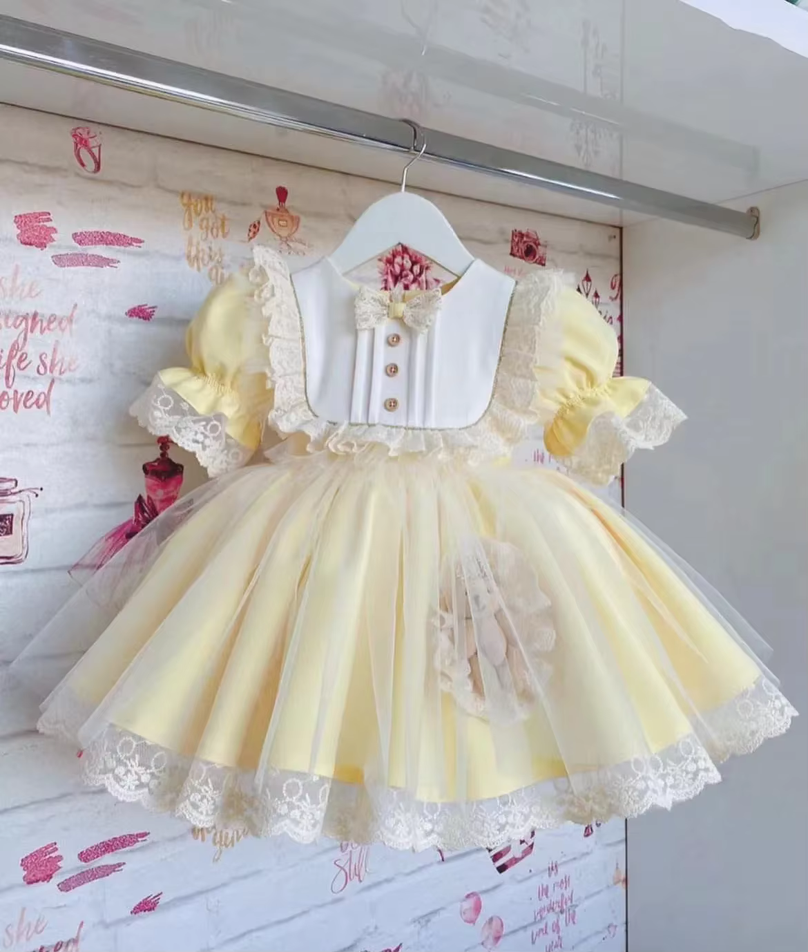 0-12Y Baby Girl Summer Toy Bear Turkish Vintage Princess Yellow Dress for Birthday Holiday Easter Photography Eid B205