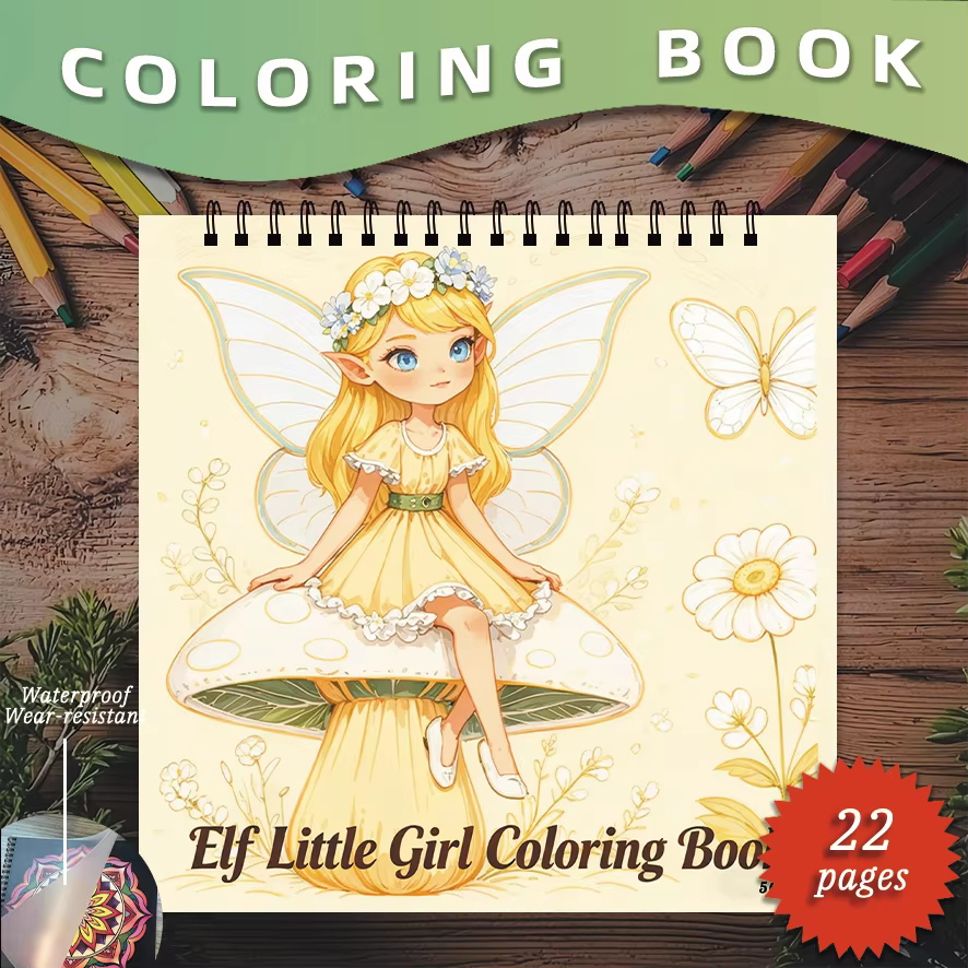 Elf Little Girl Coloring Book 8.27x8.27 Inches 22 Pages Cute Style Relaxation Stress-Relief Sweet Aesthetic Gifting