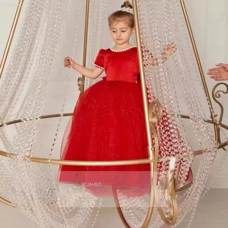 Red Girls Princess Party Dress Puffy Tulle Gown for Birthday Fashion Show Pageant Clothes Children Host Violin Piano Performance