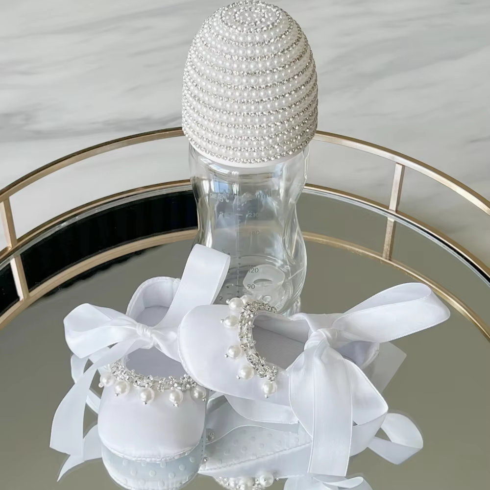 Christening Baby Toddler Shoes White Pearls Crib Shoes With Milk Bottles Wedding Fabric Baptism Soft Bottom Baby Girl Gift Set