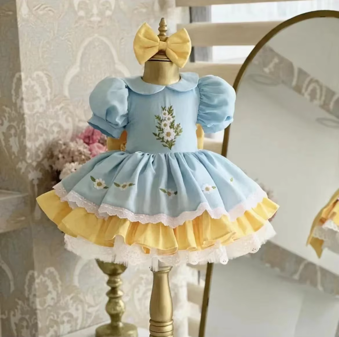 0-12Y Baby Girl Summer Blue Daisy Embroidery Turkish Vintage Princess Dress for Birthday Holiday Easter Photography Eid B222