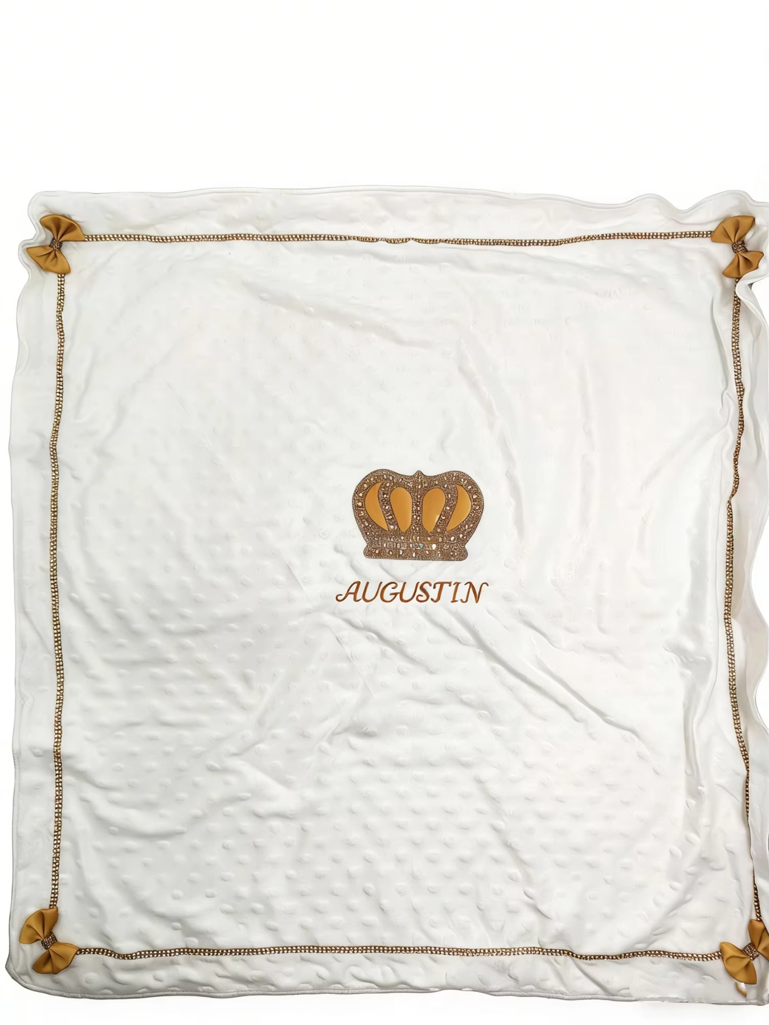 Baby Boy Minky Swaddle - White Crown Name Embroidery Blanket with Chain