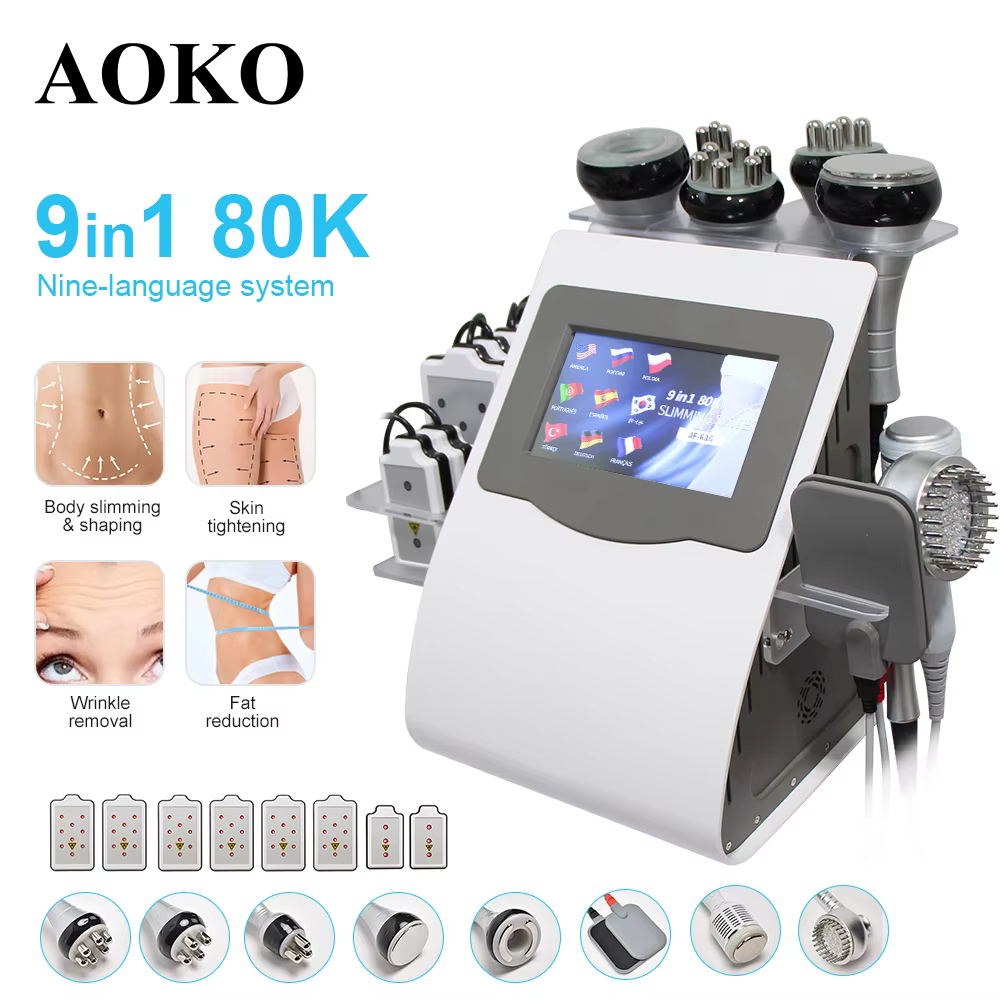 AOKO 9 in 1 Tool 80K Cavitation Ultrasonic Body Slimming Machine Multi-Polar Radio Anti-Wrinkle Rejuvenation Skin Lift Tighten