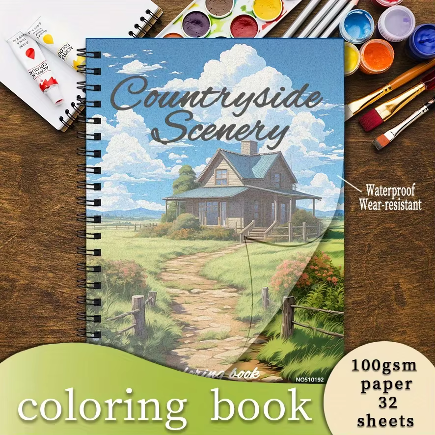 Countryside Scenery Coloring Book - 21.08x 28.45 cm 32 Pages Coloring Book - Helps Relieve Stress and Emotions