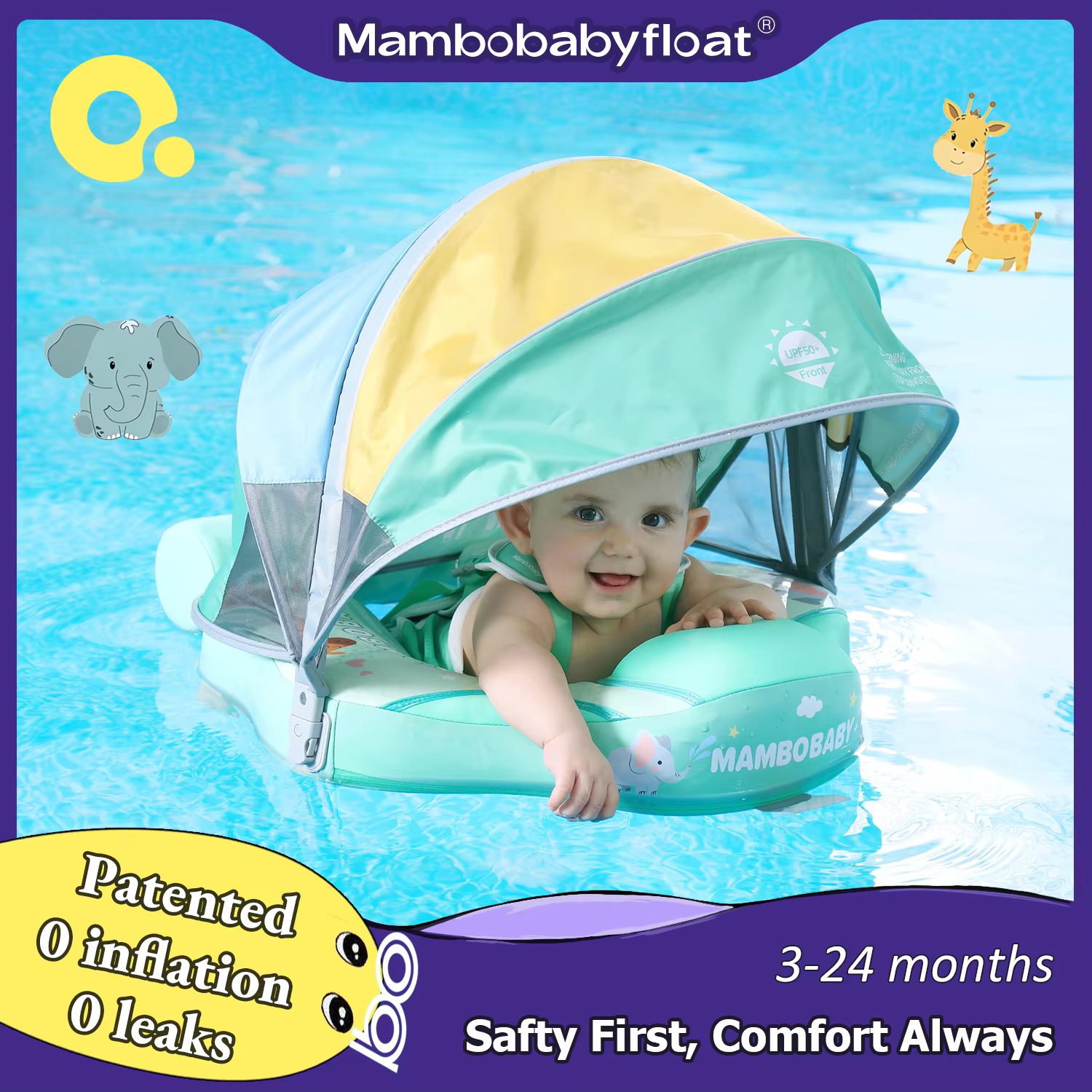 Mambobaby Animal Float Non-Inflatable Safe Solid Core Baby Swimming buoy Water Trainer Infant Pool Floator Swim Ring with Canopy