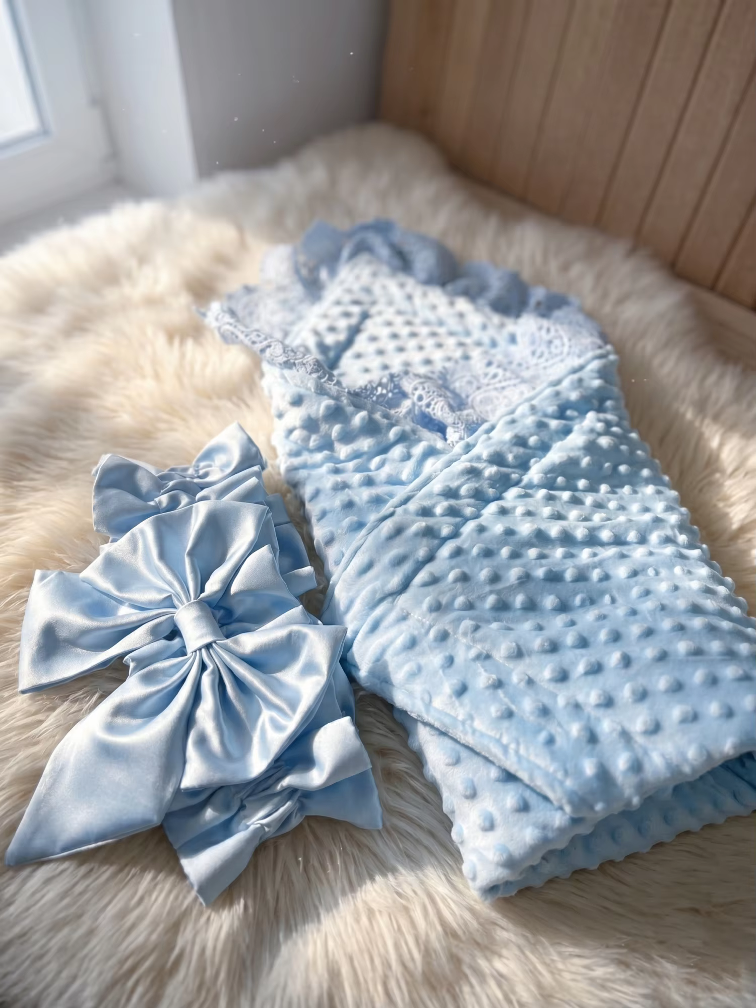 Velvety Minky Dot Newborn Wrap Blanket Light Blue Lace Satin Bow Unmatched Softness Heirloom Charm Exquisite Gift