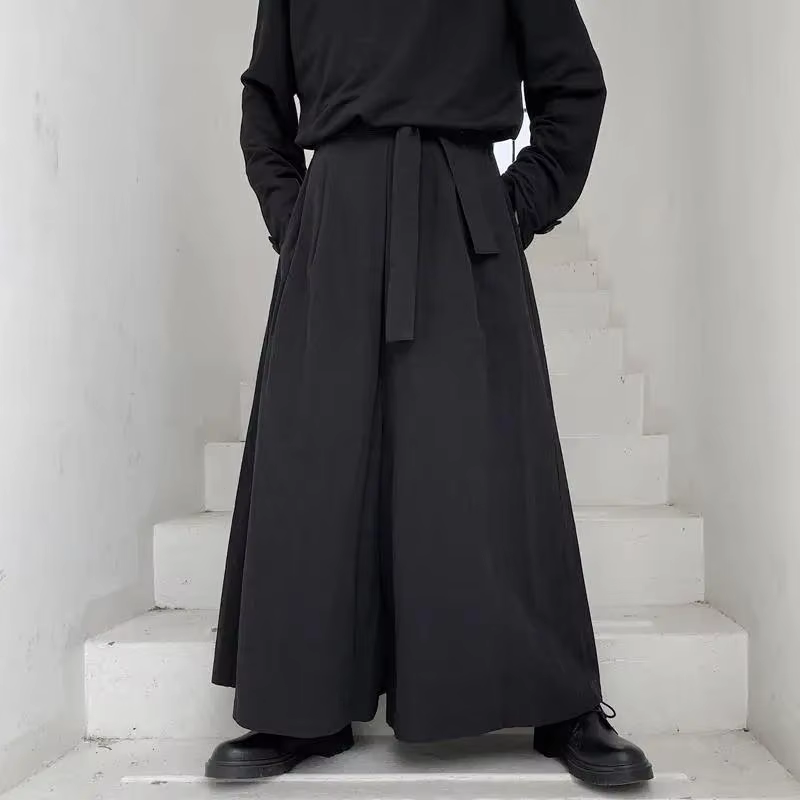 Herren-Hose mit hoher Taille und weitem Bein, dunkler Samurai-Stil, lässige lange Hose, Retro-Design, Gürtel, Bündchen, Polyesterfaser