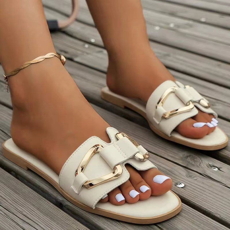 Women Metal Decor Single Band Flat Sandals Fashion Sexy Open Toe Outdoors Slides Luxurious Office Ladies Party Female Shoes