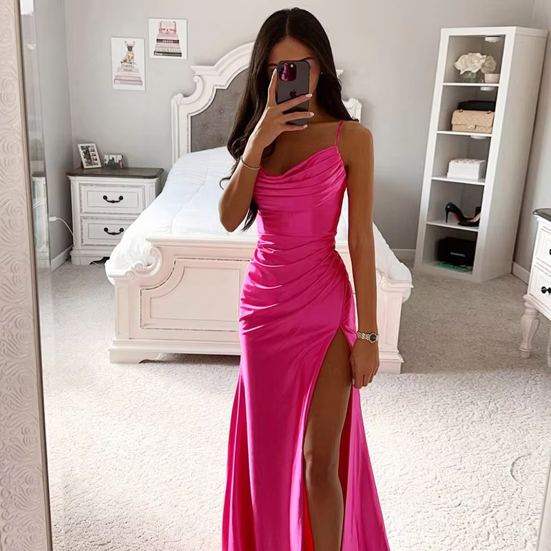 2026 New Style Strapless Gathered Side Slit Satin Gown Sexy European And American Bodycon Dress for Women