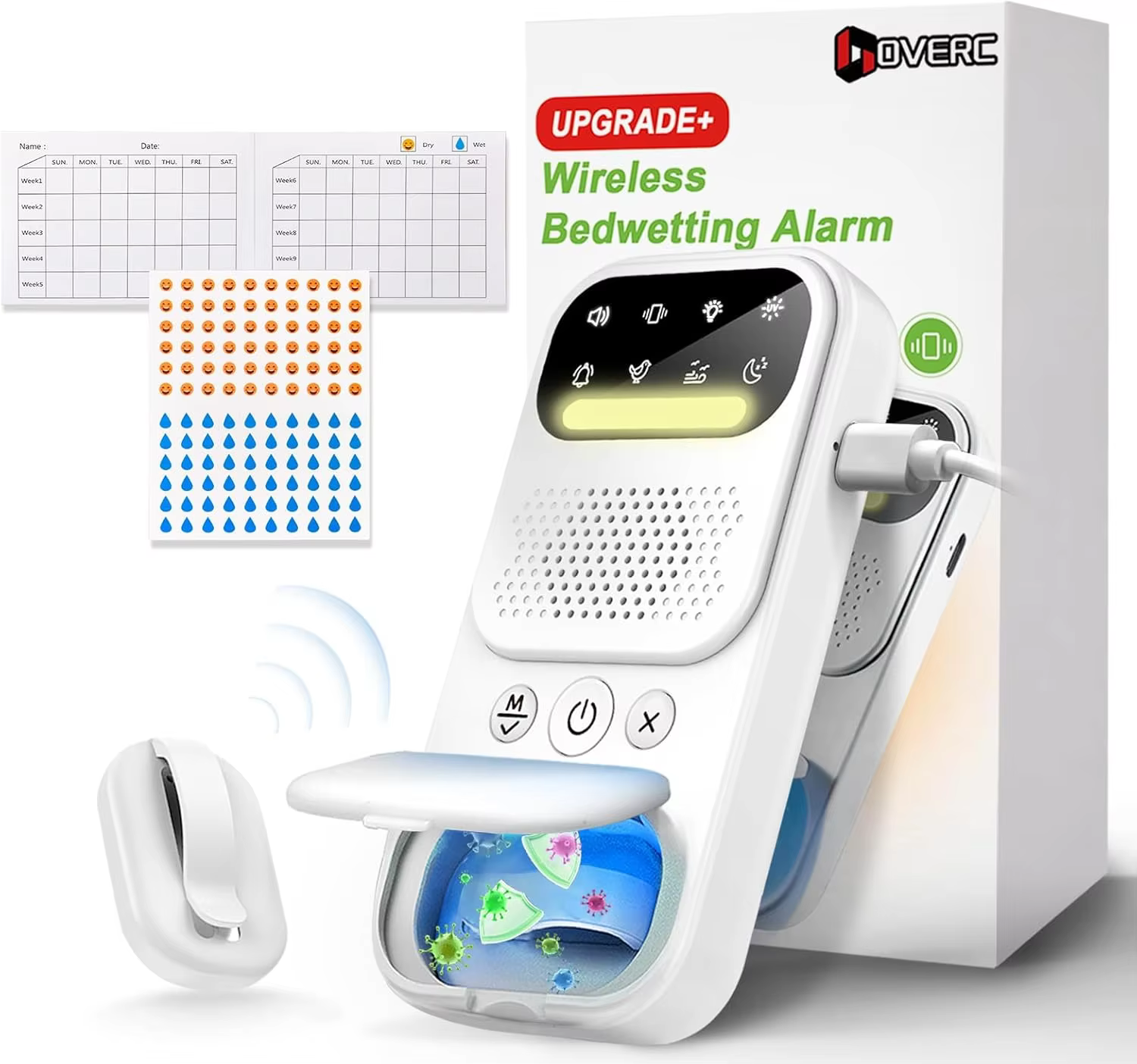 Bedwetting Alarm, for Boys Girls and Older Kids, Wireless Sensor, UV Mode/Night Light, Sound/Vibration Pee Alarm, White