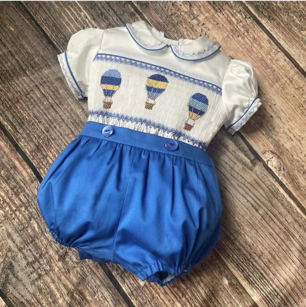 0-6Y Baby Boy Summer Short Sleeves Hot Air Balloon Handmade Embrodery Smocked Blue Outfit Suit for Birthday Holiday  Casual A12