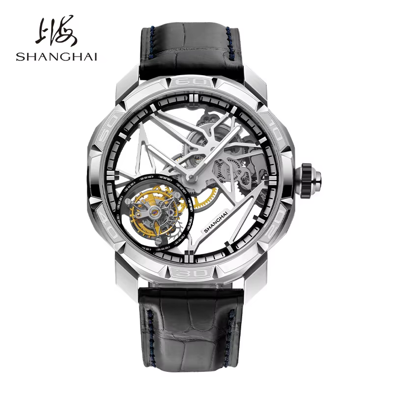 Shanghai Watch Luminous Tourbillon Skeleton Dial Watch with Crocodile Leather Strap Men's Manual Mechanical Fashion Watch 23FB
