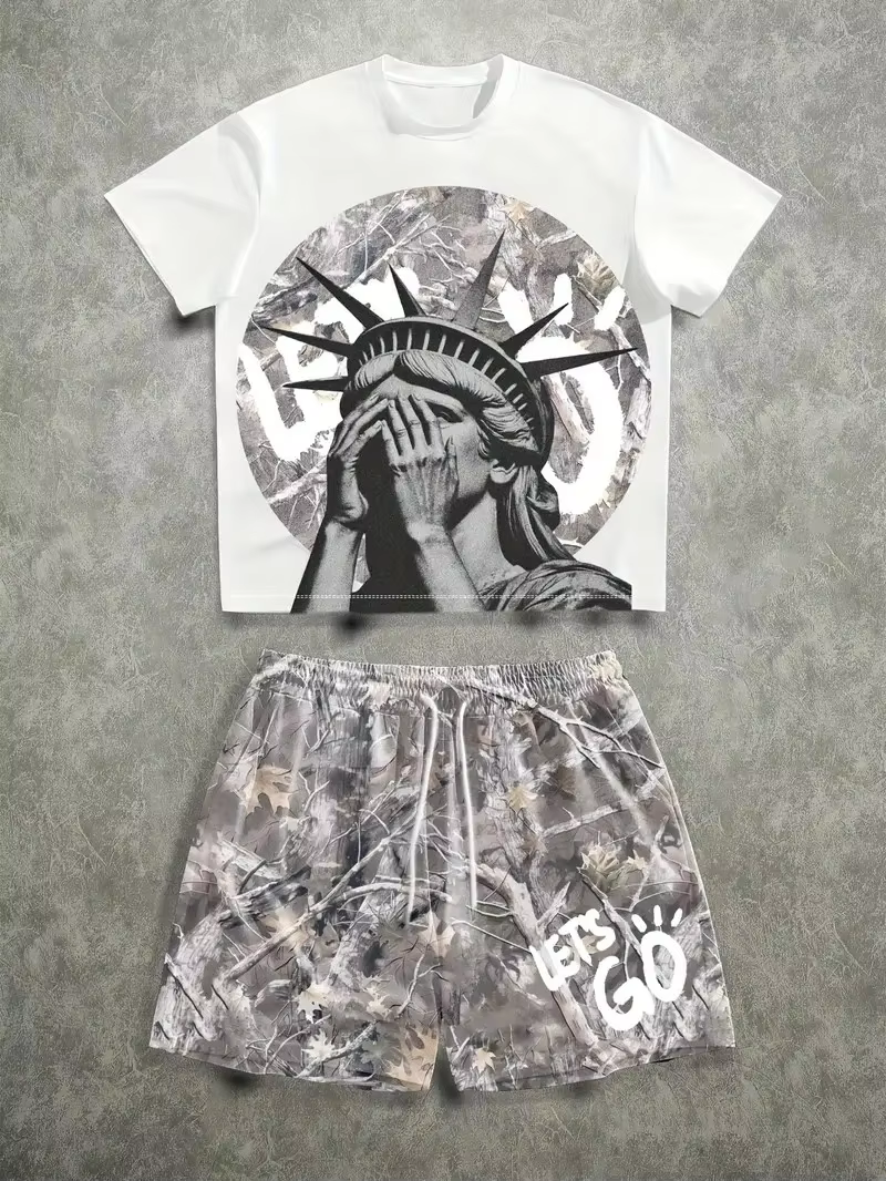 The 2025 summer new men's set features street casual hip-hop fashion comfort and softness with 3D pattern prints