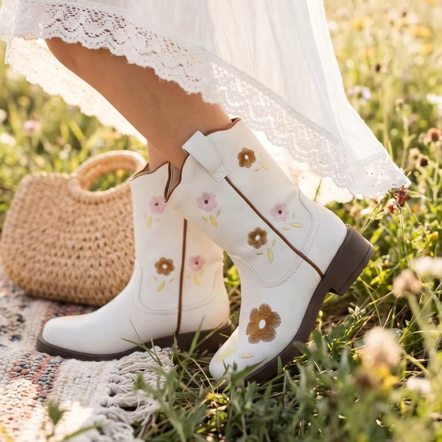 Children's Square-Toe Boots, Girls' Short Boots, New Floral Single Leather Boots, Cute Mid-Calf Boots for Little Girls
