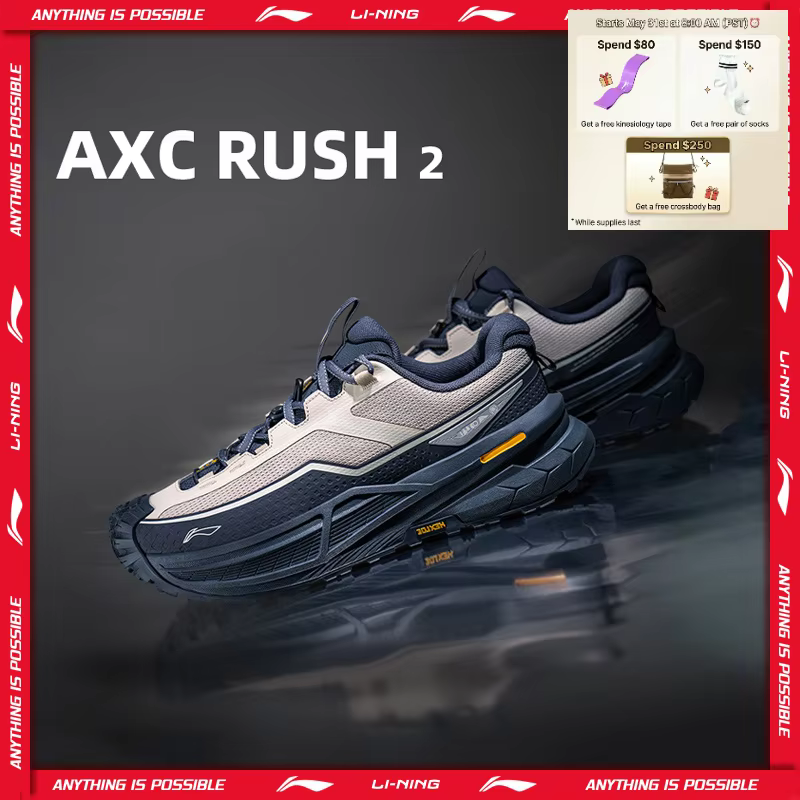 Li-Ning Unisex AXC RUSH 2 Outdoor Hiking Shoes BOOM Cushion Lightweight Springy Stable LiNing Anti-slip Sneakers AHTW003