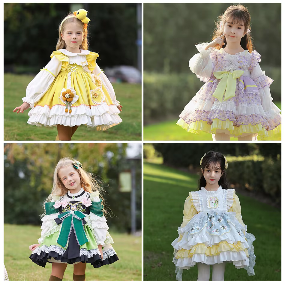 Girls Sweet Lolita Princess Dress Puff Sleeve Lace Ruffle Layered Dress Breathable Cotton Blend Costume for Wedding Birthday