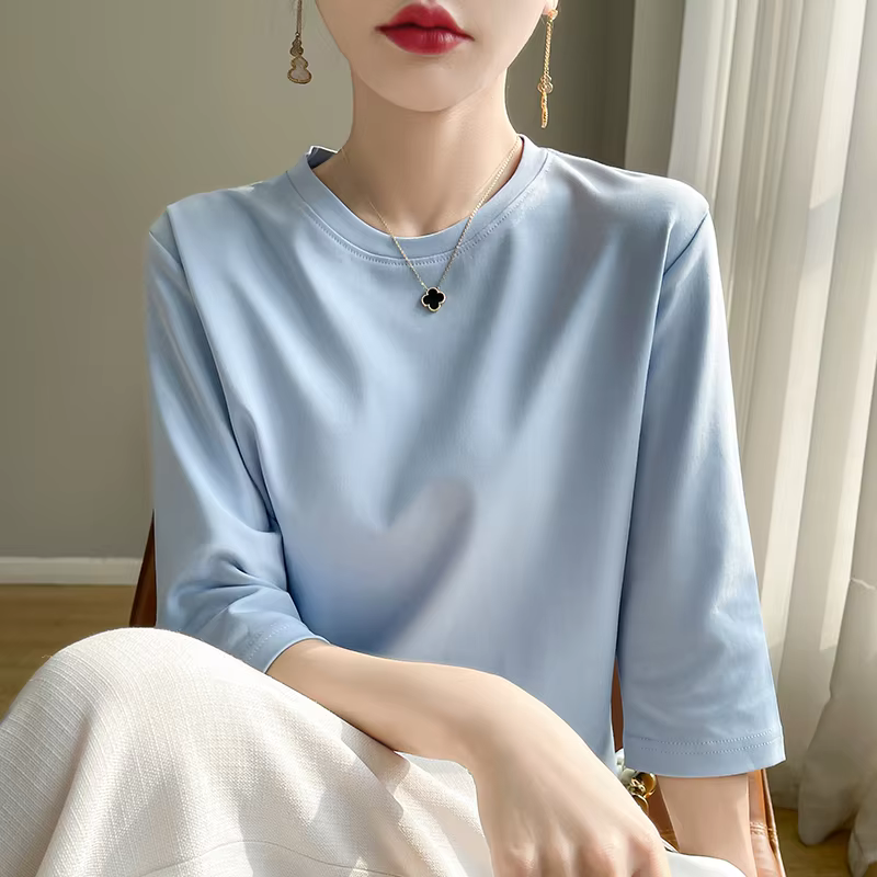 Summer Cotton Short-Sleeved T-Shirt Women's Round Neck Seven-Point Sleeves Loose Mercerized Cotton Half-Sleeve Shirt New T-shirt