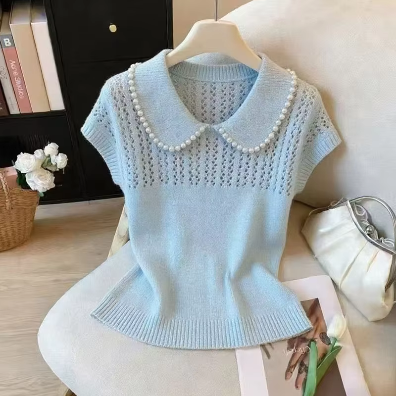 Suéter de punto de moda de verano con cuello de muñeca para mujer, jersey de manga corta con abalorios, tops de punto para mujer Q4031