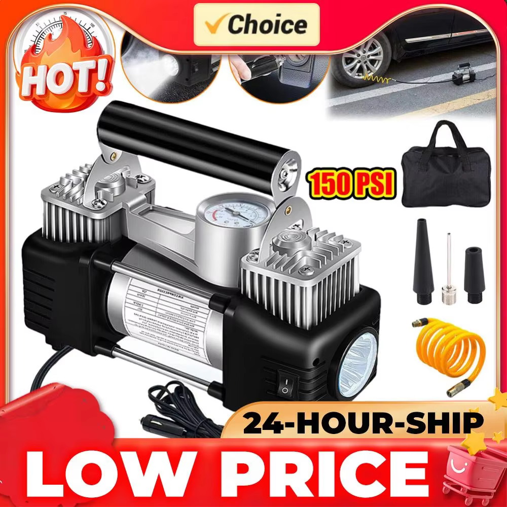 150PSI Heavy Duty Dual Cylinder Car Air Compressor 12V Portable Tire Inflator w/ Pressure Gauge for Auto Truck Bicycle Balls ﻿