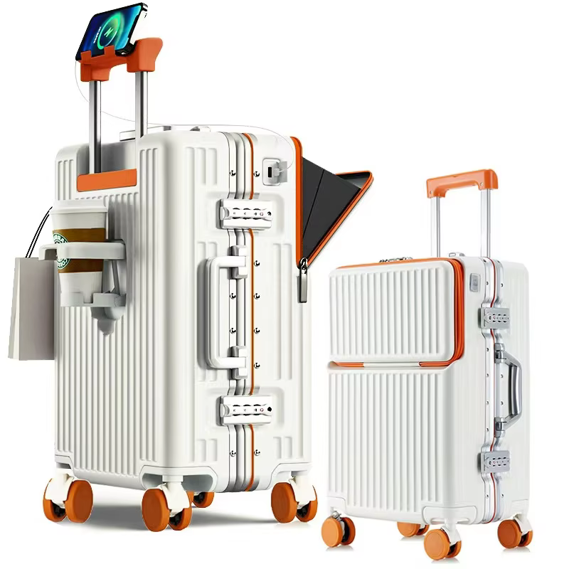Aluminium Frame Suitcase Front Opening Cabin Luggage with USB Cup Holder Female Trolley Case Male Brake Wheel Travel Suitcase