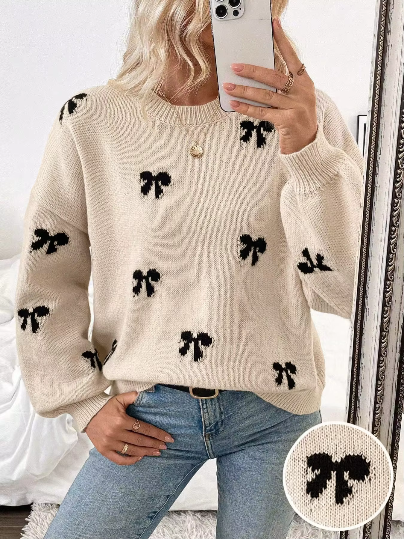 Damen-Strickpullover mit Schleifenstickerei, Rundhalsausschnitt, Ballonärmeln, Oversize-Passform für den Alltag im Herbst