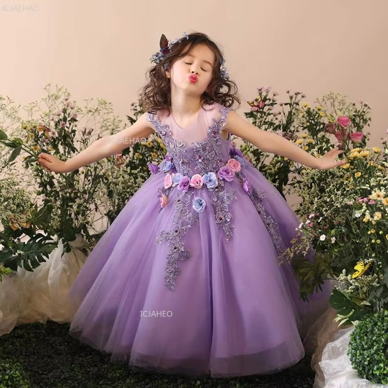 Purple Performance Kids Gown Girls Princess Puffy Dress Piano Celebration Evening Costume Recital Children Birthday Party Formal