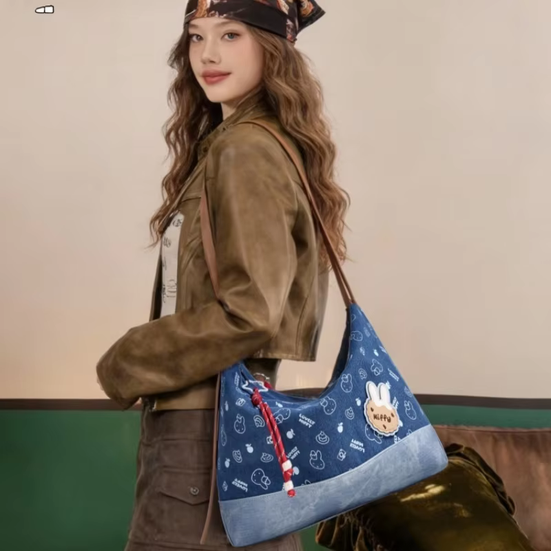 Miffy Denim Denim Bag Cartoon Print Tote Bag Cute Little Girl Shoulder Sling Fashion Handbag Charm Collectible Series Gift