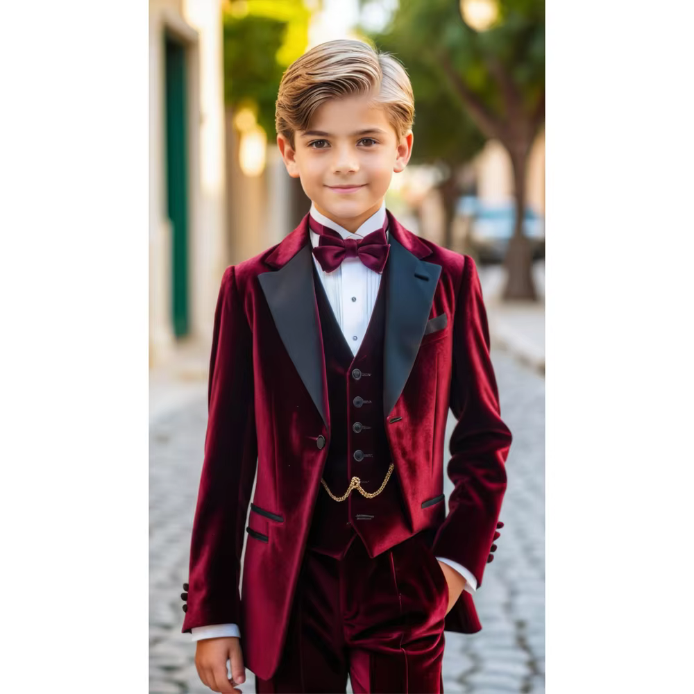Chic Velvet Boy Suits Notch Lapel One Button Kids Clothes 3 Piece Formal Party Wedding Children Suits (Blazer+Vest+Pants)