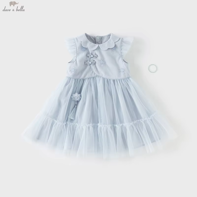 Dave Bella Girl Princess Dress Autumn Spring Kids Gentle Lace Mesh Dresses Cotton Outdoor Blue Sweet Children Clothing DB2251617