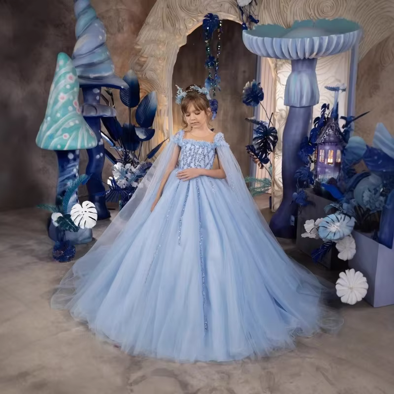 Girls Black Off Shoulder Party Dress Children Long Sleeve Pageant Gown Piano Performance Birthday Model Runway Evening Formal