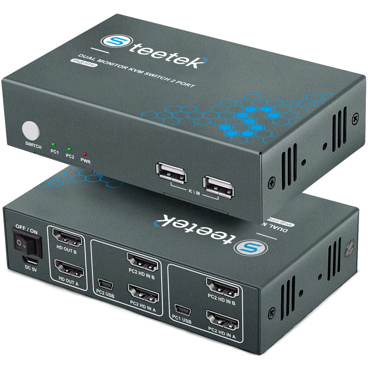 PWAY USB KVM Switch HDMI Splitter Keyboard&Mouse 4K@30Hz 2 In 2 Out With 2PC USB Port Hub For PC/Macbook/Laptop support hotkey