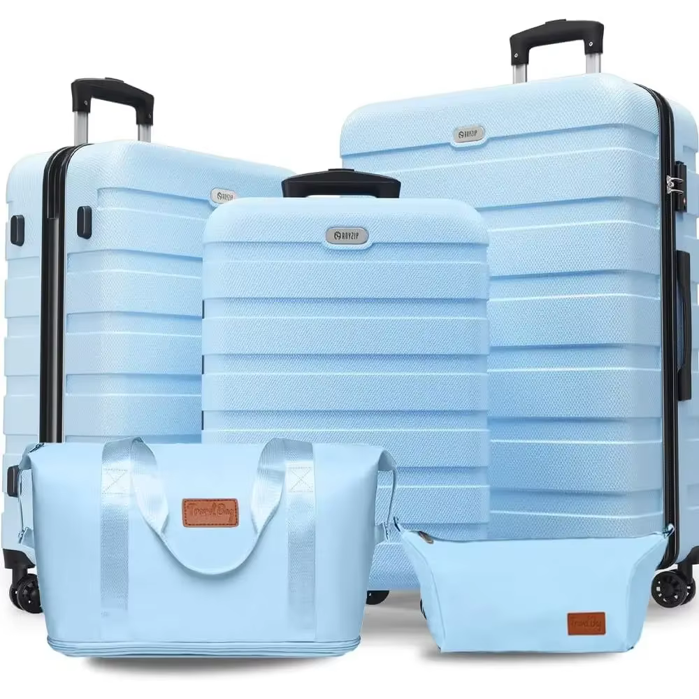 5-Piece ABS Lightweight Suitcase Set with 4 Spinner Wheels, TSA Lock, Carry-On, Light Blue