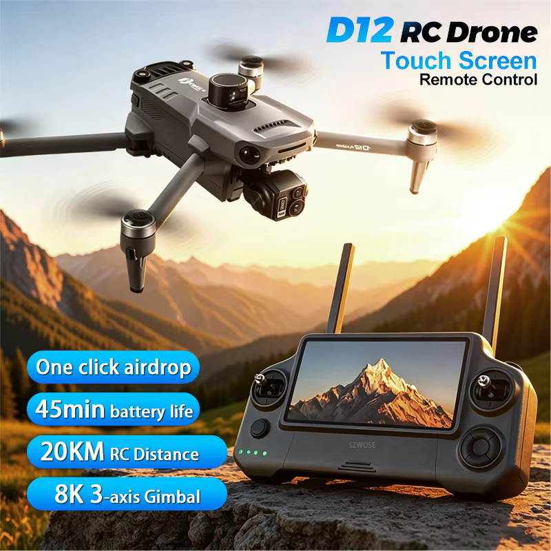 D12 GPS Drone With Camera Professional 8K 3-Axis Brushless Gimbal 5G Digital Laser Transmission Obstacle avodance Adult Drone fpv quad Toys