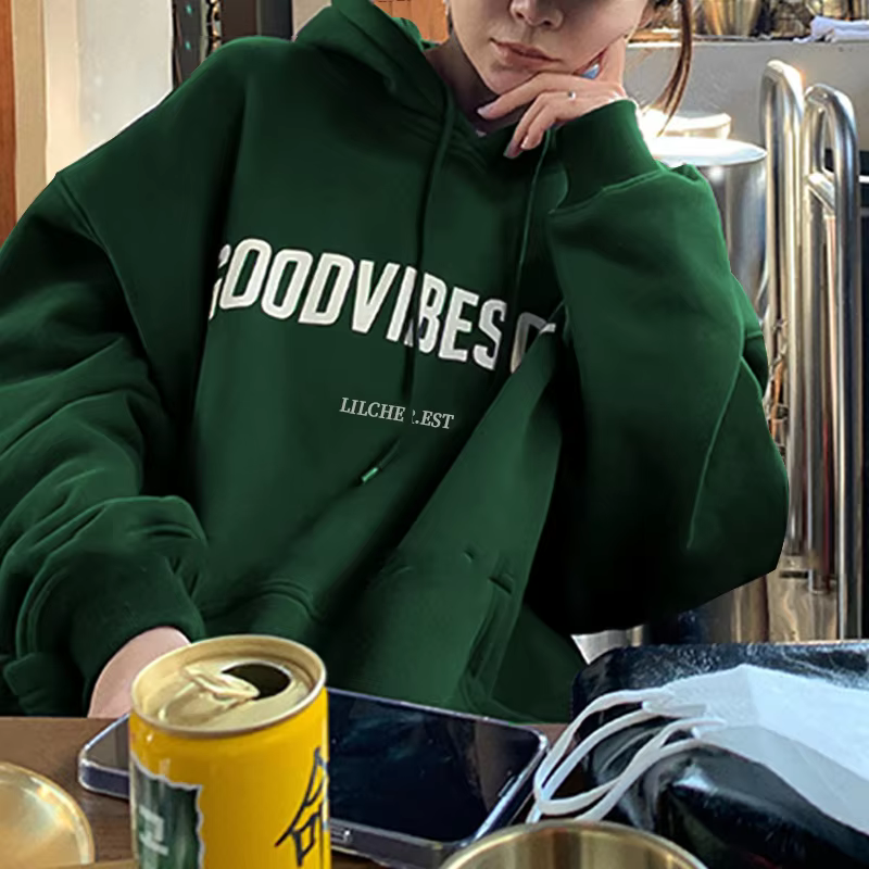 Plus Size Fleece Hoodie Solid Color Letter Hooded Korean Fashion Sweatshirts Long Sleeve Top Drawstring Pockets Loose Hoodies
