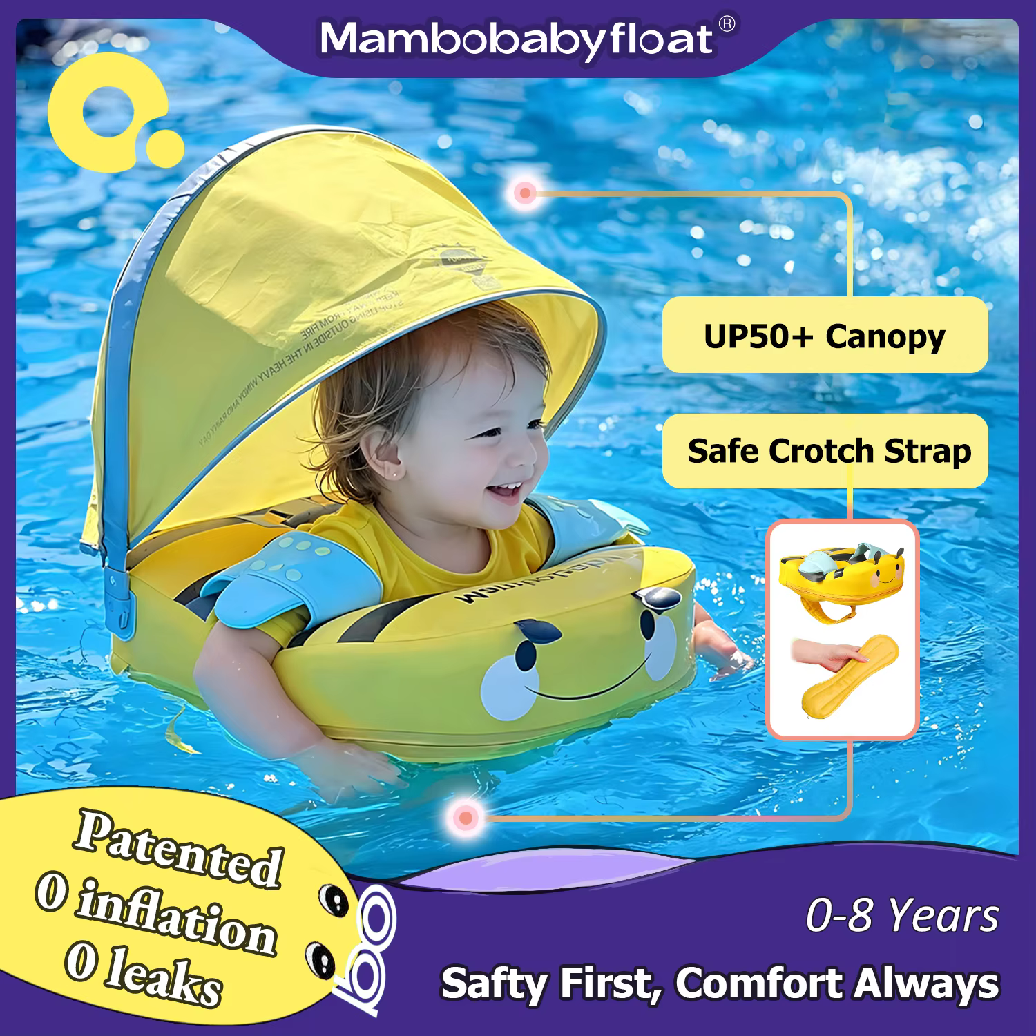 Mambobaby Float with Crotch Support 98% UV Protection Canopy Skin-friendly Baby Swim Ring Toddler Pool Float Infant Swim Circle