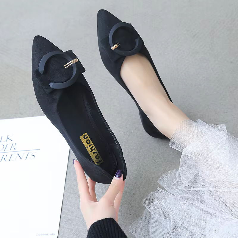 Fashion Women's Suede Flat Loafers, Pointed Toe Slip-On Shoes with Decorative Buckle, Plus Size 35-43 Available