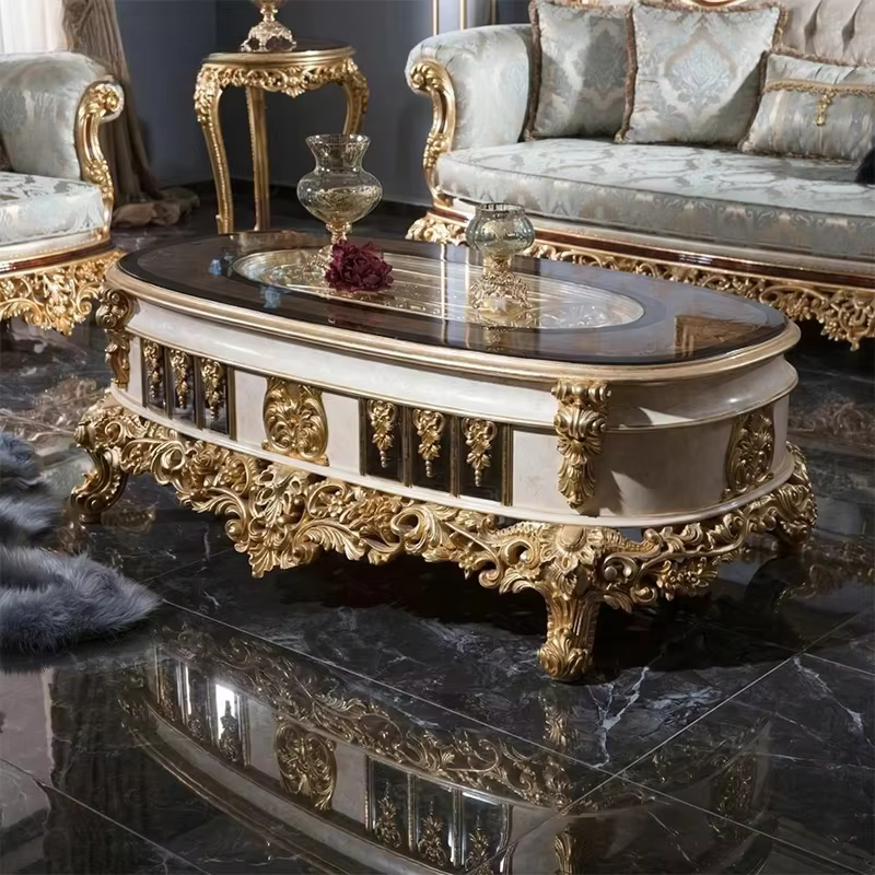 Set Pearl Gold Gilded Carved Wood Sofa Set Luxury Turkish Style Sofa  with Coffee Table for Royal Villa Palace Interior